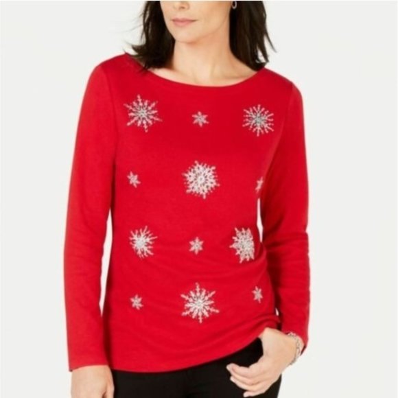 NWT Karen Scott Red Embellished Snowflake Top - Picture 1 of 1